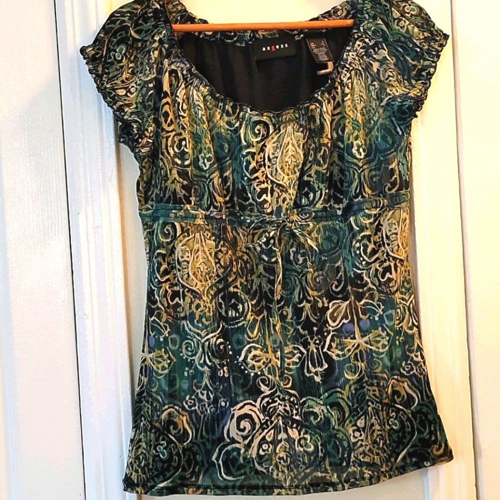 Axcess Green Print Blouse Sz Small